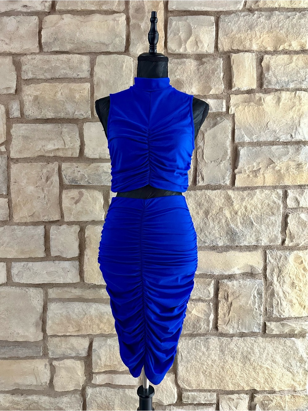 Fashion Nova Royal Blue Ruched High-Neck Crop Top & Midi Skirt Set